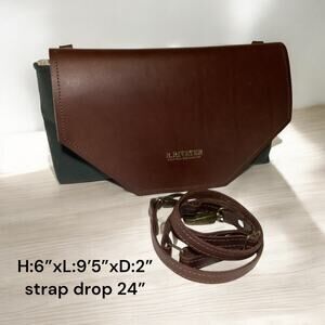 R.Riveter crossbody/clutch canvas leather brwn flap with gold foil logo
